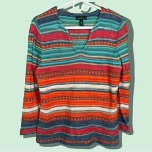 LRL Lauren Jeans Co Womens Medium Pink Orange Stripe LS Linen Blend Knit Sweater